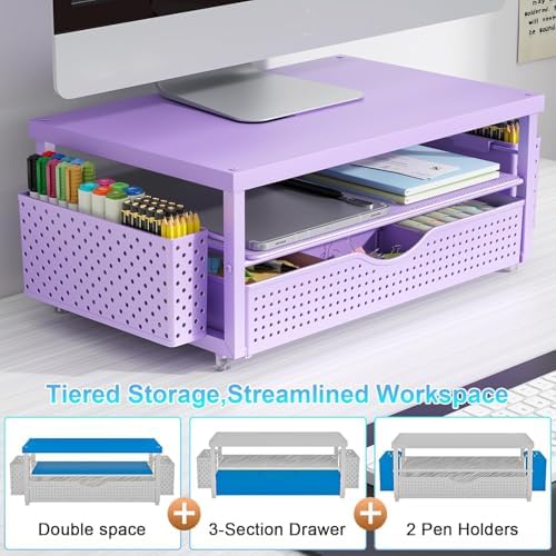 Monitor Stand with Drawer and 2 Pen Holders (Matte Purple) - Image 3