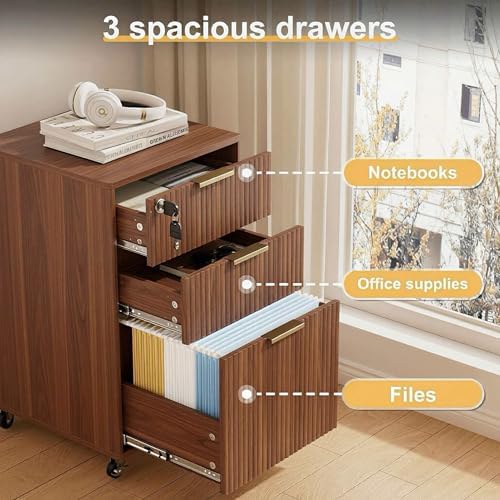 3 Drawers Fluted Mobile File Cabinet with Lock, Rolling File Cabinet Printer Stand Table, Under Desk Wooden Filing Cabinets for Home Office Essentials Storage Organization Furniture Letters/A4(Walnut) - Image 5