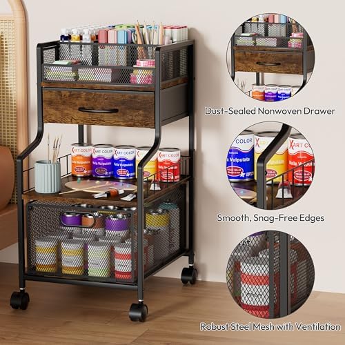 Under Desk Storage Cart- Art Storage Cart with Drawers & DIY Divider - Office Cart Organizer Under Desk Shelf, Craft Rolling Cart for Office, Craft Room & Studio Espresso - Image 6