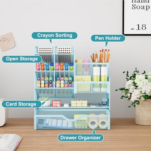 Marbrasse Mesh Pen Holder for Desk, Multi-Functional Pencil Organizer with Drawer, Desk Organizers and Accessories for Office Art Supplies (Blue) - Image 2