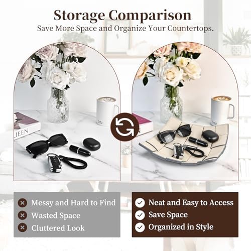 Valet Tray PU Leather Key Holder Bowl for Women and Men Entryway Table Nightstand Desk Tray for Wallet, Keys Men's Gift - Beige & Gray, 9.8" L x 9.8" W x 2" H - Image 5