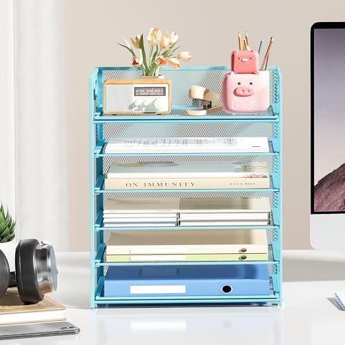 6-Tier Desk Paper Organizer, Desktop File Letter Tray with Handle, Document Sorter and Accessories Holder for Office, Home and School Workspace Organizers, Blue-2 Pack - Image 4