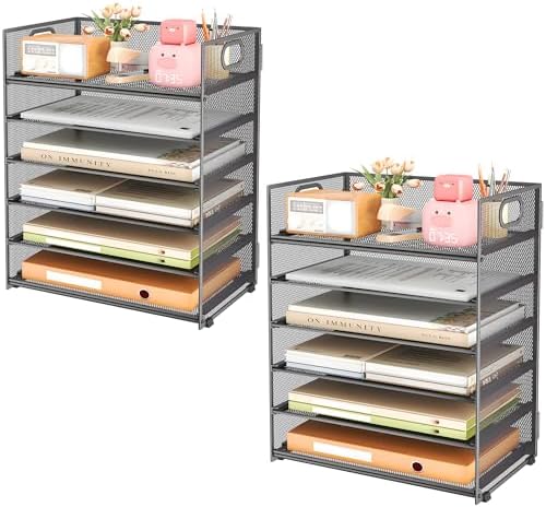 6-Tier Desk Paper Organizer, Desktop File Letter Tray with Handle, Document Sorter and Accessories Holder for Office, Home and School Workspace Organizers, Gray-2 Pack by SUBEKYU