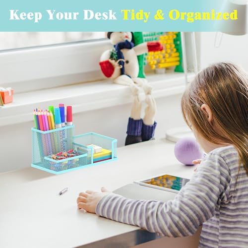 Mesh Pen Holder Desk Organizer, Office Supplies Pencil Storage with 3 Compartments, Office Desk Accessories and Workspace Organizers for Home School, Blue - Image 6
