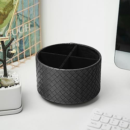 Round Leather Art Supply Organizer,Remote Control Holder,360 Degree Spinning,Multi-Functional Pencil Holder,4 Compartments Desktop Stationary Organizer(1-Weave Black) - Image 6