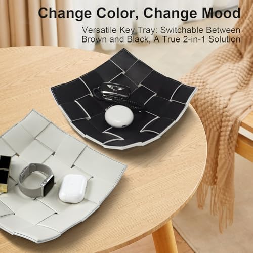 Valet Tray for Men and Women PU Leather Key Holder Bowl for Entryway Table Bedside Nightstand Desk Catchall Organizer Tray for Wallet, Watch, Key, Phone Men's Gift - 9.8" L x 9.8" W x 2" H - Image 5