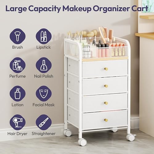 Rolling Makeup Organizer Cart - 14.96″*11.81″*27.55″ Widened Under Desk Vanity Storage with 4 Non-woven Drawers, Cosmetic Display Cases for Skin Care Perfume Nail Polish Brush Hair Tool White - Image 4