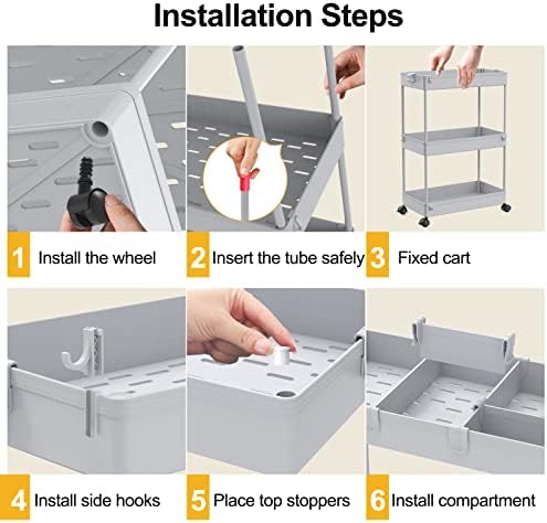 3 Tier Rolling Cart with Wheels, Storage Craft Art Trolley Organizer Serving, 3 Hanging Baskets Easy Assembly, for Office, Living Room, Kitchen, Gray - Image 4