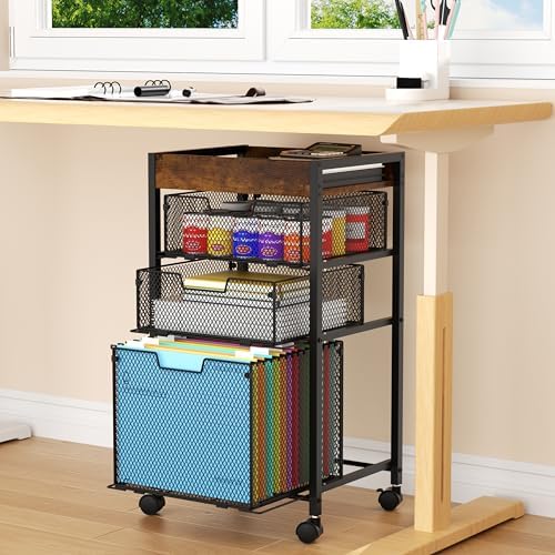 Rolling File Cart with Drawers - 4 Tier Under Desk Storage Craft Rolling Organizer Cart - Office Storage &Organization, Mobile Metal Filing Cabinet for Office and Home Espresso - Image 2
