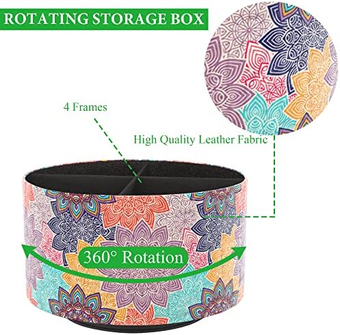 Round Leather Art Supply Organizer,Remote Control Holder,360 Degree Rotating,Multi-Functional Pencil Holder,4 Compartments Desktop Stationary Organizer(1-Colorful Flower) - Image 3