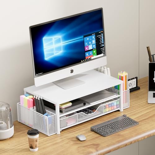Desk Organizer and Accessories, 2-Tier Computer Monitor Stand Riser with Drawer and 2 Pen Holders, Laptop Stand, Office Desk Accessories for Office Supplies, White - Image 5