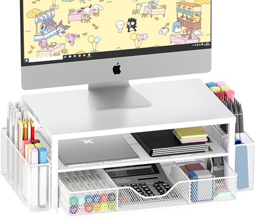Desk Organizer and Accessories, 2-Tier Computer Monitor Stand Riser with Drawer and 2 Pen Holders, Laptop Stand, Office Desk Accessories for Office Supplies, White by OPNICE