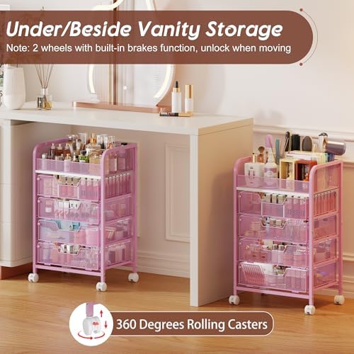 Makeup Cart Organizer with 4 Drawers, Large Floor Skincare Organizers, Vanity Storage Organizer Cosmetics Display Cases for Skin Care Perfume Nail Polish, Pink - Image 3