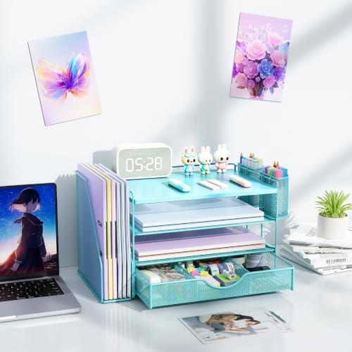 gianotter Desk Organizers and Accessories with File Holder, 4-Tier Desk Accessories & Workspace Organizers with Drawer and 2 Pen Holder, Desk Reference Organizer (Blue, 4T with Metal Drawer) - Image 6