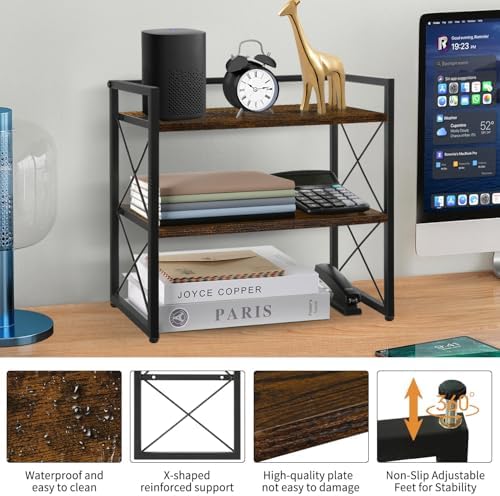 Desktop Shelf Organizer, 2 Tier Office Shelves, Wood Desk Organizer Storage Rack and Freestanding Display Shelf for Office, Dormitory, Home - Image 4