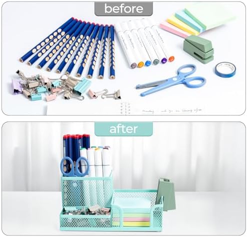 M&G Mesh Pen Holder Desk Organizers Pencil Holder for Desk Light Blue, 3 Compartments Metal Office Supply Organizer with Sticky Notes Holder for Home Office - Image 5