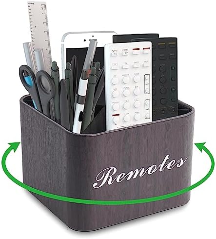 Square Leather Art Supply Organizer,Remote Control Holder with Removable Dividers,360°Rotatable Pencil Holders,4 Compartments Organizer for Office Supplies Storage Box(1-Dark Brown) by Hennaja