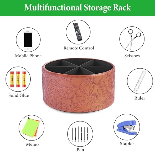Remote Control Holder, 360°Spinning PU Leather Desk TV Remote Caddy,Desk Storage Box Room Accessories for Controller, Media,Mail,Calculator, Mobile Phone,Pencil(1-Carved Brown) - Image 5