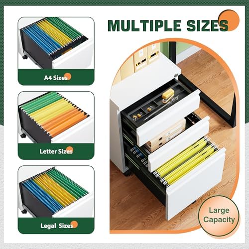 3 Drawer Mobile File Cabinet with Lock, Under Desk Metal Filing Cabinets for Home Office Organizer Letters/Legal/A4(Fully Assembled-White) (Pack of 2) - Image 5