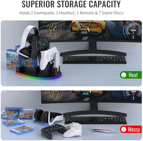 RGB Gaming Controller Holder for Steam Controller 2/ Ps5 / Xbox/Switch, Headphone Stand with 5 RGB Lights Modes, Gaming Organizers and Storage with USB Charging and Type-C (Black) - Image 4