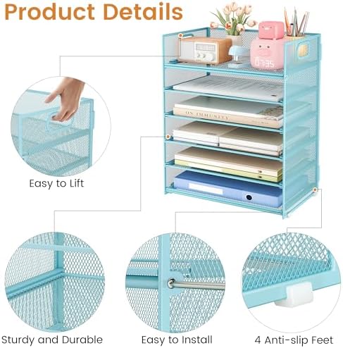 6-Tier Desk Paper Organizer, Desktop File Letter Tray with Handle, Document Sorter and Accessories Holder for Office, Home and School Workspace Organizers, Blue-2 Pack - Image 5