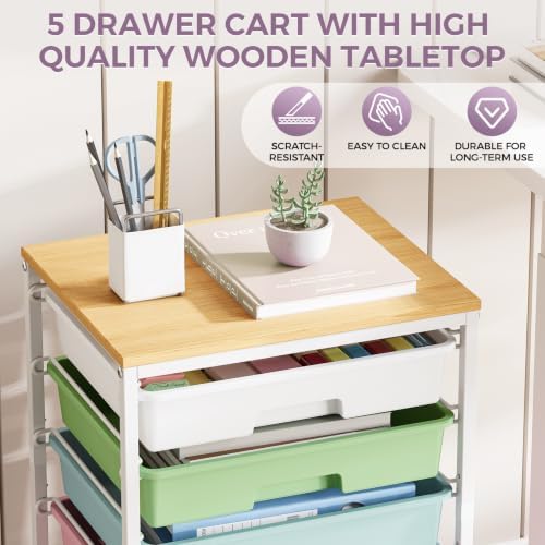 5-Tier Rolling Cart with Drawers with Wooden Top, Ice Cream - Image 5