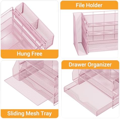 4-Tier Desk File Organizer with Drawer & Pen Holder (Pink) - Image 2