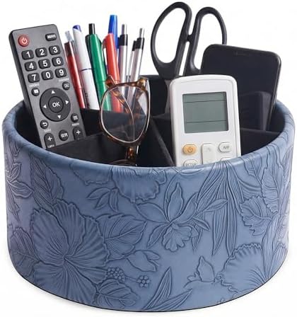 Remote Control Holder, 360°Spinning PU Leather Desk TV Remote Caddy,Desk Storage Box Room Accessories for Controller, Media,Mail,Calculator, Mobile Phone,Pencil(1-Carved Blue2) by Hennaja