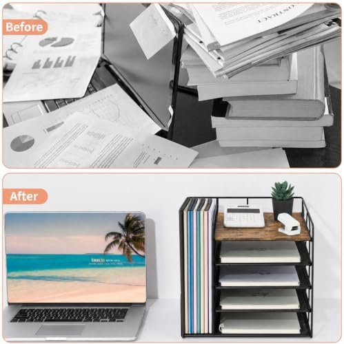 Desk Organizers and Accessories, 5-Tier Paper Letter Tray Organizer with File Holder, Desktop Organizer for Office Supplies (Wood) - Image 4
