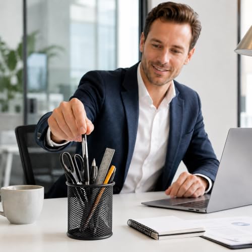 QYH Mesh Pencil Cup for Desk 6 Pack, Black Pen Holder 3.54"x3.93" - Image 2