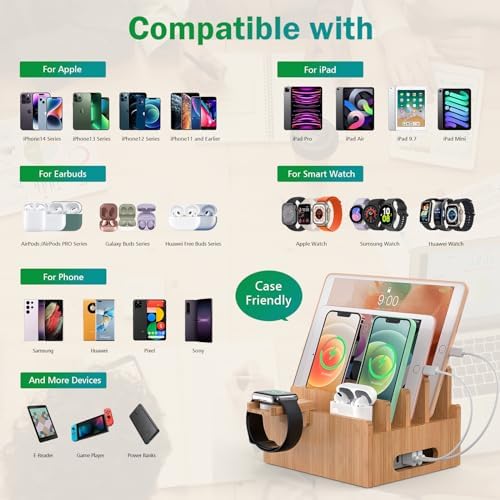 Bamboo Charging Station with USB Charger,5Cables-Natural - Image 2