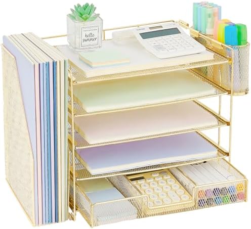 Desk Organizer, 5-Tier Desktop File Organizer with Drawer and Pen Holders, Office Desk Accessories, File Sorters, Workspace Organizers for Office Supplies(Gold) by OPNICE