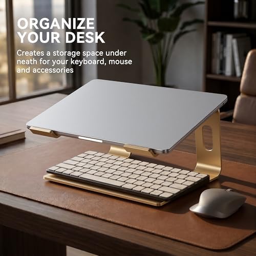 SOUNDANCE Laptop Stand, Aluminum Ergonomic Desk Riser, 10-15.6", Gold - Image 4