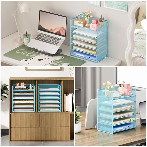 6-Tier Desk Paper Organizer, Desktop File Letter Tray with Handle, Document Sorter and Accessories Holder for Office, Home and School Workspace Organizers, Blue-2 Pack - Image 2
