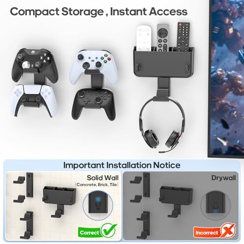 Controller & Headset & Remote Holder Wall Mount with No Drill, 2 Packs Gaming 4 Controllers Hanger Hook Mount for PS5/PS4/XBOX/Switch, Headphone Stand & Remote Control Holer Wall Shelf with Adhesives - Image 2