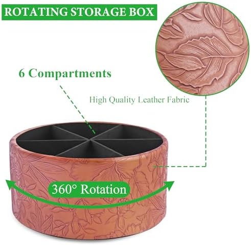 Remote Control Holder, 360°Spinning PU Leather Desk TV Remote Caddy,Desk Storage Box Room Accessories for Controller, Media,Mail,Calculator, Mobile Phone,Pencil(1-Carved Brown) - Image 3