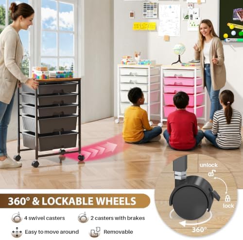 Rolling Cart with 5 Drawers for Craft, Art, Dorm, Office, Black - Image 5