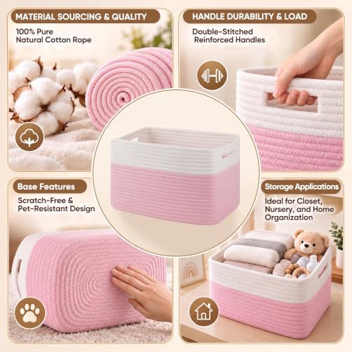 4 Pack Storage Baskets for Organizing, Woven Baskets for Shelves - Perfect for Toys, Books, Towels, and Clothes, Durable Gift Basket Bins Toy Storage, 13''Lx9''Wx7.8''H, Pink & White - Image 3