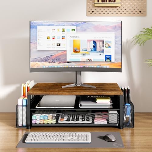 Desk Organizer and Accessories, 2-Tier Computer Monitor Stand Riser with Drawer and 2 Pen Holders, Laptop Stand, Office Desk Accessories for Office Supplies, Brown - Image 2
