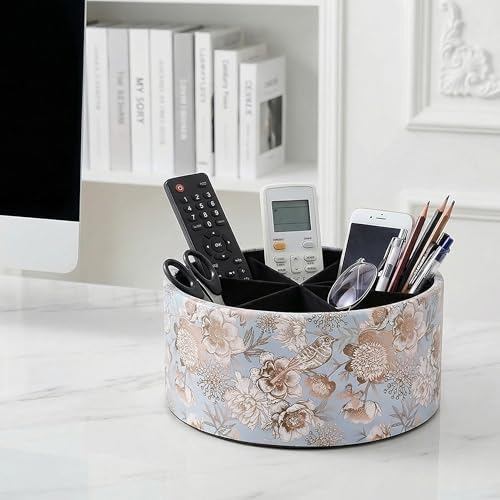 Remote Control Holder, 360°Spinning PU Leather Desk TV Remote Caddy,Desk Storage Box Room Accessories for Controller, Media,Mail,Calculator, Mobile Phone,Pencil(1B-Blue Bird) - Image 6
