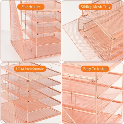 Desk Organizers and Accessories, 5-Tier Paper Letter Tray Organizer with File Holder, Desktop Organizer for Office Supplies (Rose Gold) - Image 3