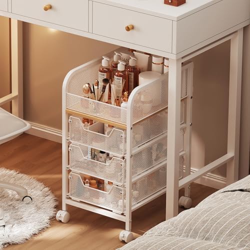 Rolling Makeup Cart Organizer with 3 Drawers, Narrow Floor Skincare Organizers, Cosmetics Display Cases Vanity Organizer for Skin Care Nail Polish Perfume Makeup Brush, White by Hongtamoya