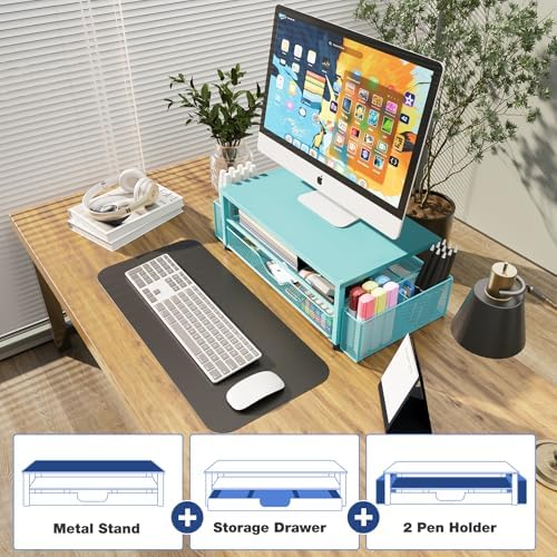 Desk Organizer and Accessories, 2-Tier Computer Monitor Stand Riser with Drawer and 2 Pen Holders, Laptop Stand, Office Desk Accessories for Office Supplies, Teal Blue - Image 4