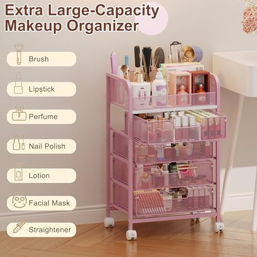 Makeup Cart Organizer with 4 Drawers, Large Floor Skincare Organizers, Vanity Storage Organizer Cosmetics Display Cases for Skin Care Perfume Nail Polish, Pink - Image 5