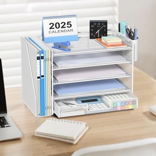 Desk Organizer, 5-Tier Desktop File Organizer with Drawer and Pen Holders, Office Desk Accessories, File Sorters, Workspace Organizers for Office Supplies(White) - Image 2