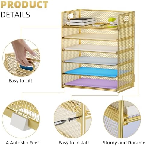 Marbrasse Paper Letter Tray Organizer - 6 Tier Mesh File Organizer with Handle, Paper Sorter Organizer for Letter/A4 Office File Folder Holder - Gold - Image 3