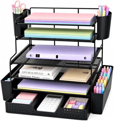Desk Organizer, 6-Tier Desktop File Organizer with Drawer and Pen Holders, Office Desk Accessories, File Sorters, Workspace Organizers for Office Supplies(Black) by OPNICE