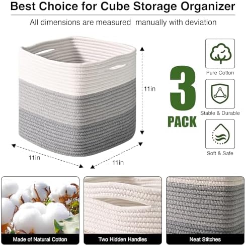 11 Inch Cube Storage Bins Woven Baskets, Gradient Grey, Pack of 3 - Image 2