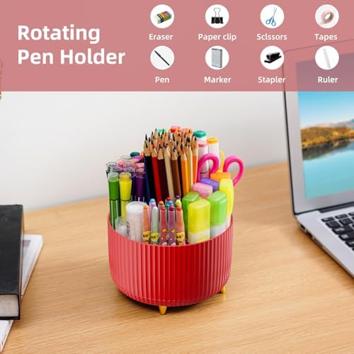 Marbrasse Desk Organizer, 360-Degree Rotating Pen Holder for Desk, Desk Organizers and Accessories with 5 Compartments Pencil Organizer, Art Supply Storage Box Caddy for Office, Home (Red) - Image 3