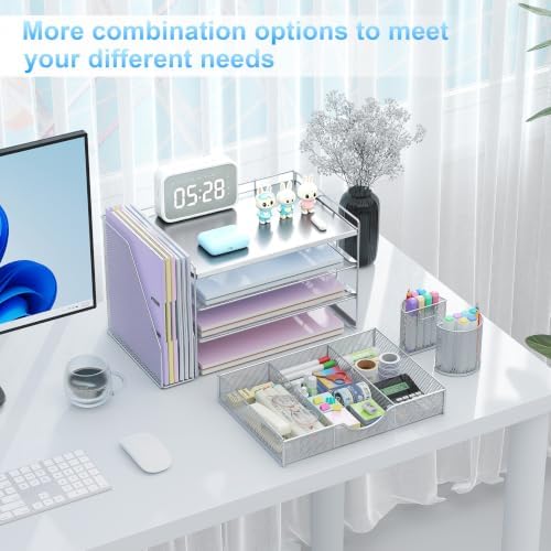 gianotter Desk Organizers and Accessories with File Holder, 4-Tier Desk Accessories & Workspace Organizers with Drawer and 2 Pen Holder, Desk Reference Organizer (Grey, 4T with Metal Drawer) - Image 3